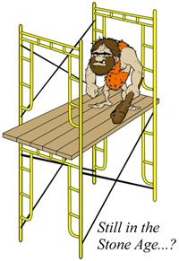 Caveman on old scaffold